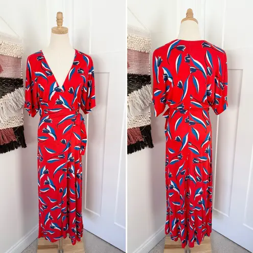 Whistles Tulip Floral Wrap Maxi Dress Red Sz 4 Short Sleeve Stretch Jersey