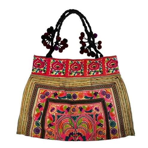 Authentic Vintage Y2K Mexican Floral Embroidered Handmade Shoulder Pom Pom Purse