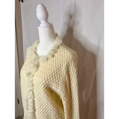 Vintage Jones New York Signature Cream Knit Angora Cardigan White Fur Trim XL