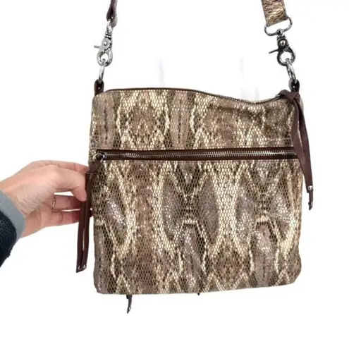 Chez Women's Fine Leather Snakeskin Embossed Crossbody Bag Brown Beige One Size