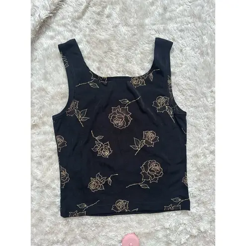 Vintage 90s Small Black Sheer Gold Rose Metallic Square Neckline Tank Top