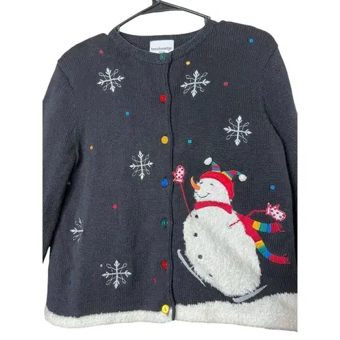 Breckenridge Vintage Black Christmas Snowman Cardigan Sweater Size Petite Small