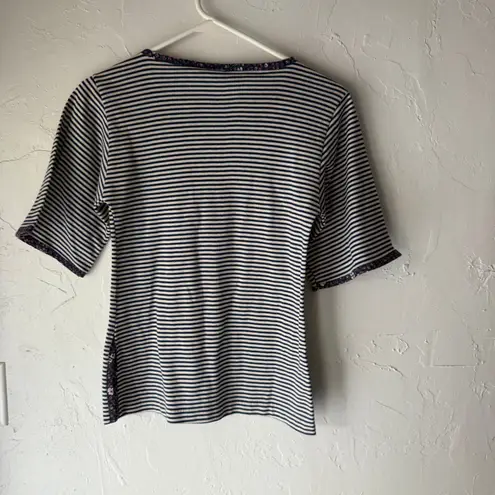 Vintage 70s You Babes Striped Cotton Tee M Floral Bow Appliqué USA Cottagecore Blue Size M