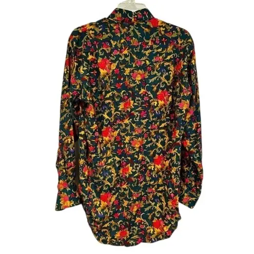 United Colors Of Benetton Floral Long Sleeve Tunic Blouse Womens Small Teal Gold