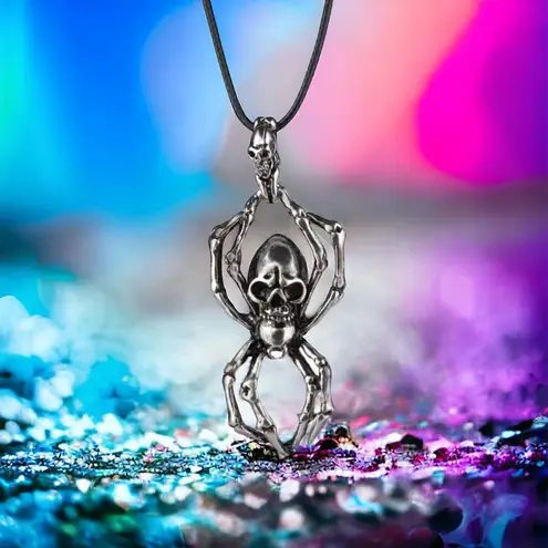 Retro Spider Pendant Domineering Personality‎ Double Skull Zinc Alloy Necklace Black