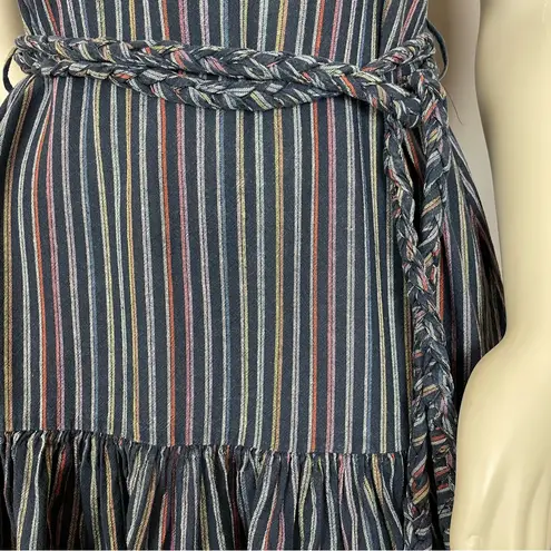 Marine layer Dress Laney Linen Mini Navy Rainbow Stripe Size Small Braided Belt