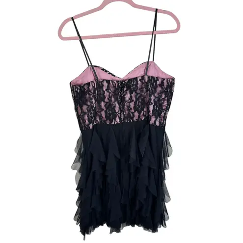 DEB Y2K Vintage Black Pink Lace Bustier Ruffled Tulle Skirt Mini Dress Sz 13 14