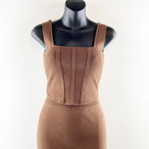 Miou Muse Knit Set Cropped Corset Top High Rise Midi Skirt Brown Small