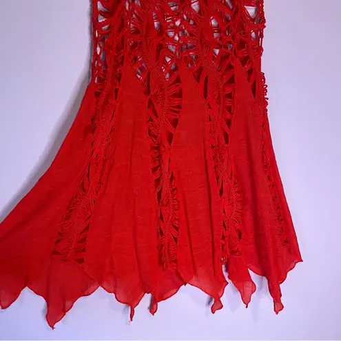 Spicy Red Open Knit Crochet Scoop Neck Rayon Tank Top Swim Cover Up Medium