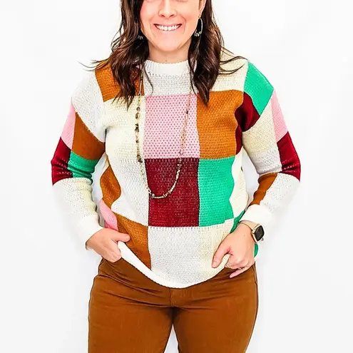 Haptics by Holly Harper Colorful Color Block Checker Knit Sweater Size Small Green - Image 2