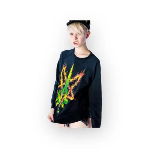 Unif HTF: new ☻ Burn Me Weed Distressed Sweatshirt ☻ Flames ☻︎ Dirty Black ☻︎ M - Image 5