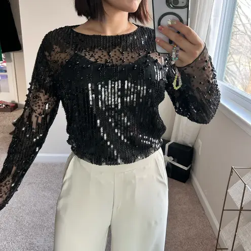 Black Sequin Sheer top with cami set. S