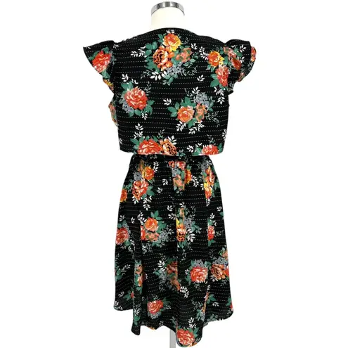 Walter Baker Floral Asymmetric Dress Ruffled Shoulders Black Multi Size Large