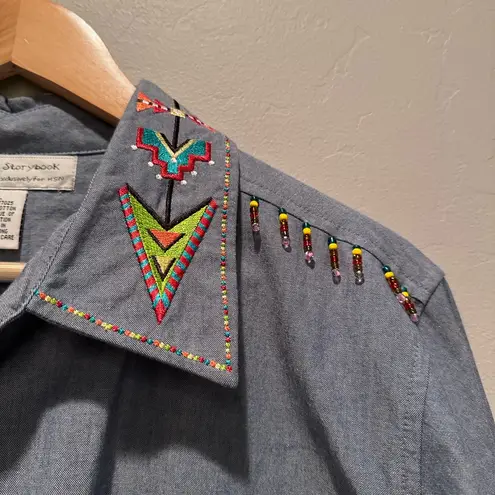 Vintage Storybook Chambray Blue Button Up Shirt Aztec Native American Bead Large