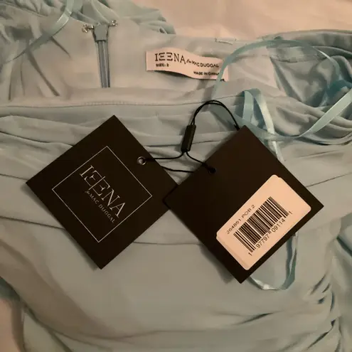 Mac Duggal 26485 Blue Foldover Long Sleeve Jeweled Midi Dress