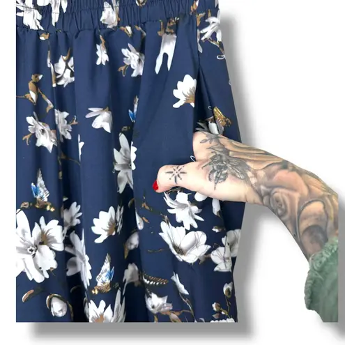 B My Story Blue Floral Hummingbird Ultra High Waist Wide Leg Parachute Pants Size L