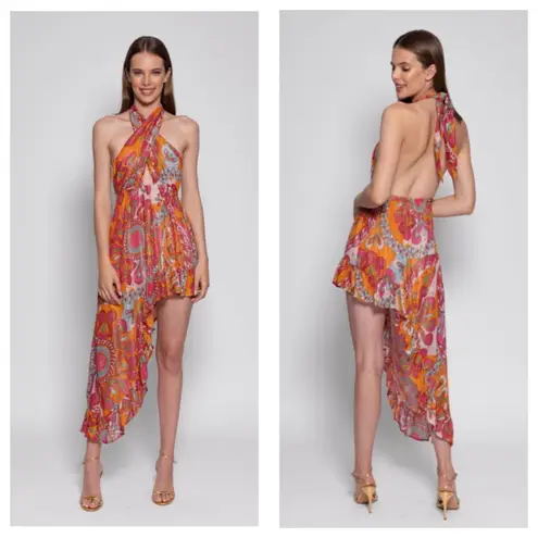 Sundress Amina Dress Size Large Fuchsia orange Print Halter Neck Asymmetric Hem