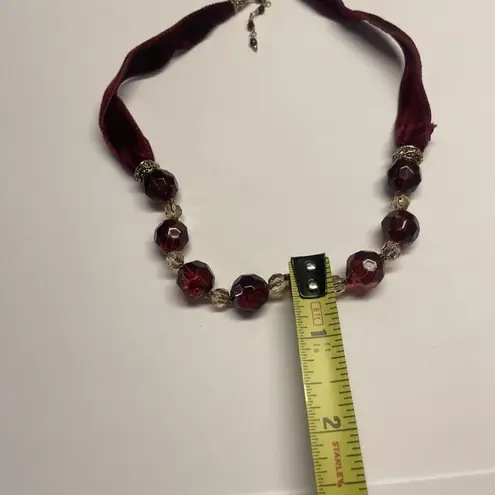 Monet Signed  Necklace Gold Tone Maroon Glass Bead / Ribbon - Beaded