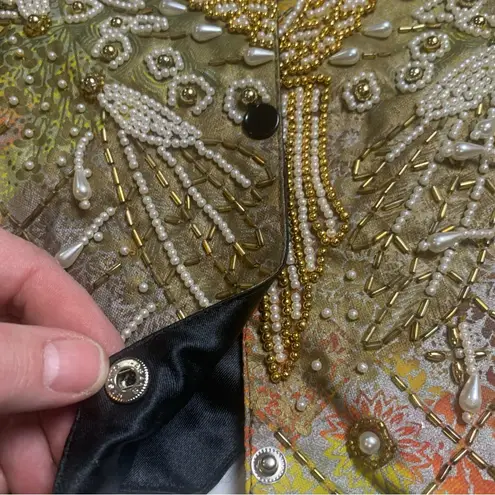 vtg 80s embroidered VEST Ana Moro All Size pearl gold beaded Stunning Green