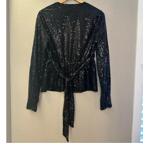 NWT 52Seven Black Sequin Faux Wrap Long Sleeve Blouse