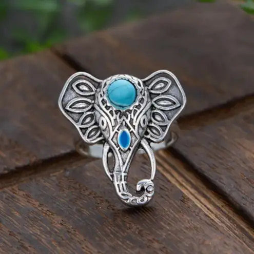 Bohemian Elephant Ring with Turquoise Accent Silver Plated Adjustable Open Band Silver