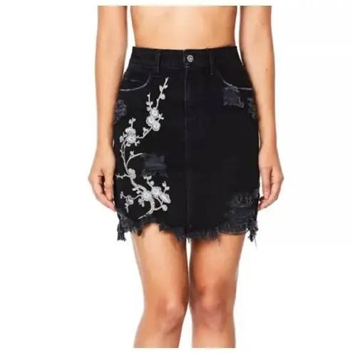 Carmar Black High Rise Slim Fit Distressed Floral Embroidered Denim Skirt Black Size 24