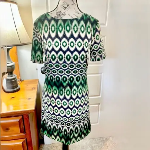 OVI Ikat Print Shift Dress Green Blue and White Short Sleeve Size Small 💛