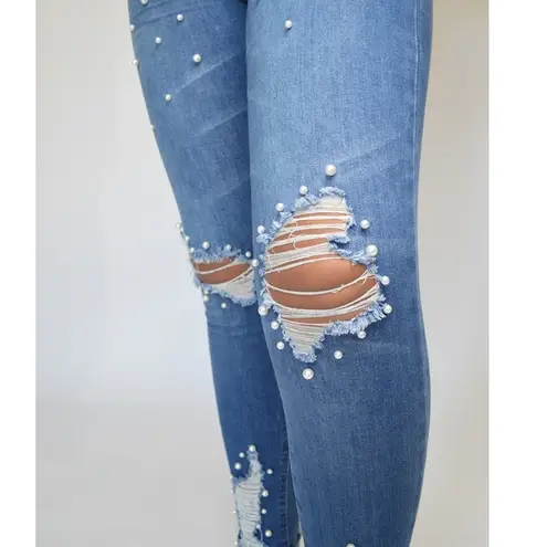Casual Ankle Skinny Pearled Distressed Blue Jeans Size 5