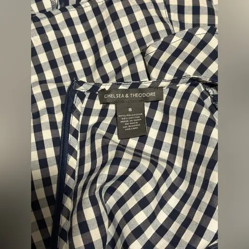 EUC Chelsea & Theodore Blue White Checked Embroidered Floral Babydoll top size 8