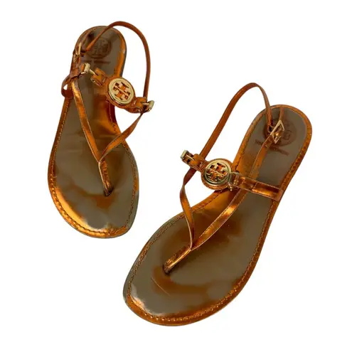 Tory Burch  Ali Metallic Orange Sandals Sz 8 Strappy Logo Thong Flats