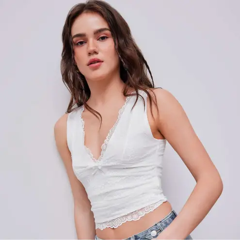 Cider Women's S Lace Tank Top Crop White Plunge Neck Y2K Coastal Romantic NWT