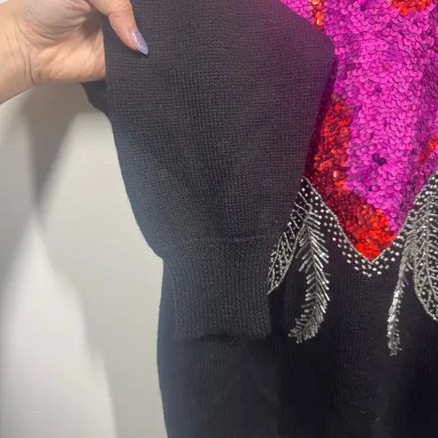 Semplice Sweater Women M Black 100% Wool Sequined Beaded Heart Signed VTG 90's Size M