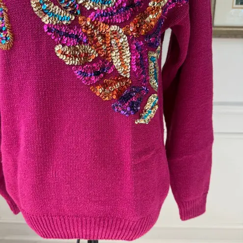 Vintage Western Connection Bedazzled Bling Sequin Sweater Magenta S Pink