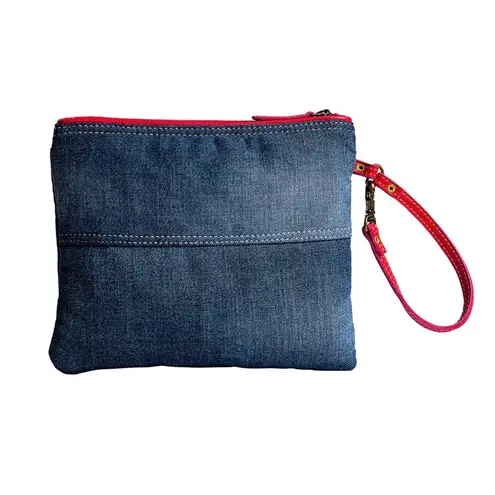 NWT Boutique Western Charley Denim and Red Leather Wristlet Pouch Blue