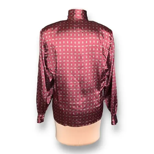 Vintage JH Collectibles Blouse Burgundy Print Satiny Pajama Style Long Sleeve Red Size M