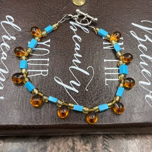 Y2K Handmade Amber Glass & Turquoise Beaded Bracelet (Vintage Beads) 8.25” Orange