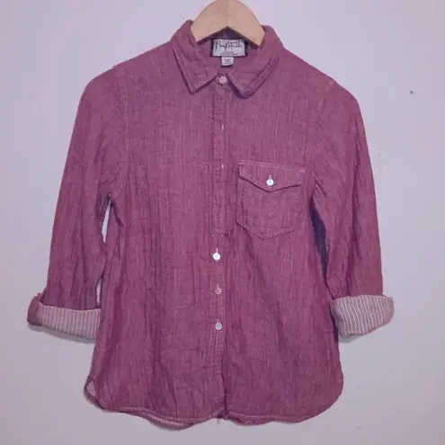 Mary McFadden Button Down Chambray Shirt-Petite Small-Roll Tab-Contrast Trim