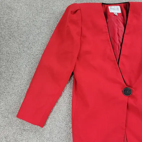 Karen Scott Vintage Womens Suit 8 Red Black Piping Single Button Jacket Skirt