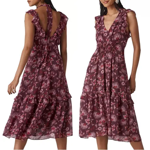 Whistles • Pitti Print Double Strap Dress midi floral maroon chiffon ruffle boho Size 4