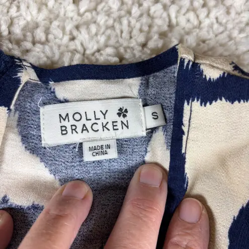 Molly Bracken Maxi Dress Navy Cream Abstract Print Flutter Sleeve V Neck S