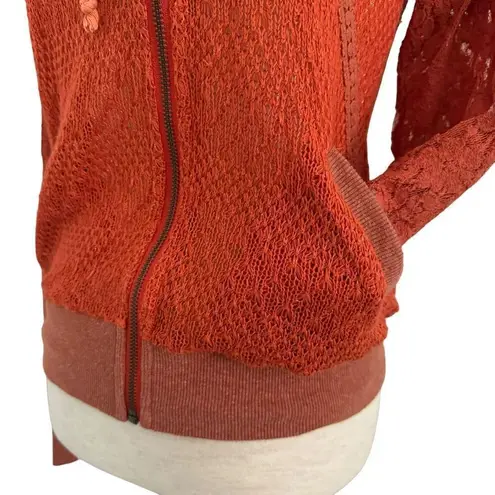 Miss Me  Hoodie Womens Medium Orange Long Sleeve Full Zip Crochet Sheer Boho