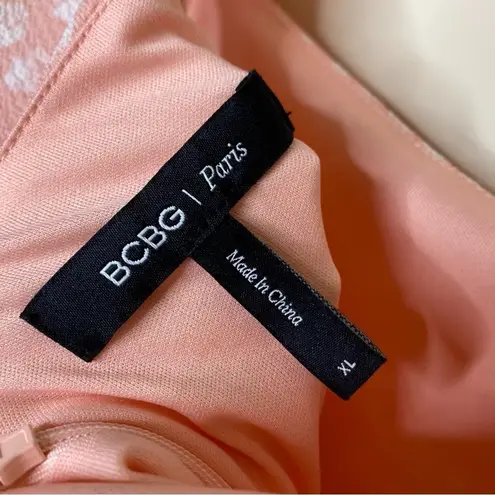 BCBG Paris Ruffle Strap Midi Dress Blush Pink White Polka Dots Womens Size XL