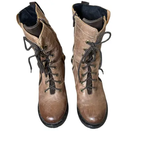 Dromedaris Brown Soft Leather Combat Booties Boots Size EU 38 Lace Up Zip Moto