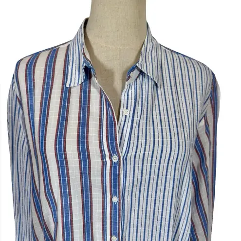 Xirena Beau Boyfriend Button Down Shirt in Tide Blue Stripes Pattern Mixing Size M