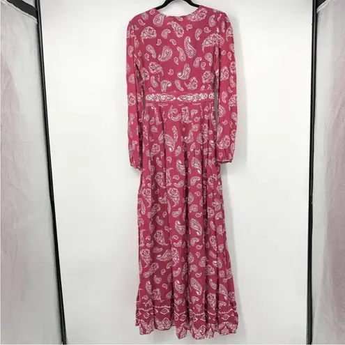 Majorelle Red Paisley Long Sleeve Gypset Boho Maxi Dress Size XS Deep V Neck