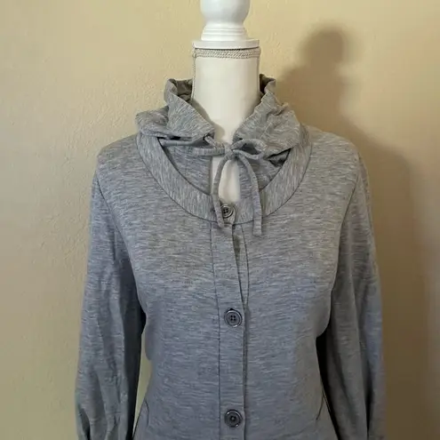 St. John Gray Cardigan Button Up Sz M Sequin Hooded Jacket Embellished Trim