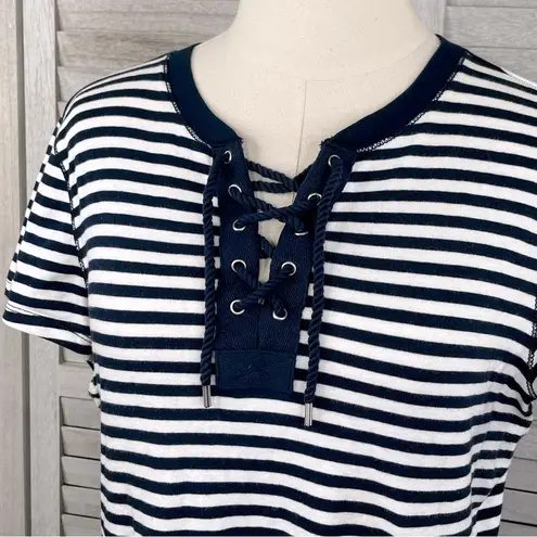 CHAPS  Striped Tee Grommet Laced Neckline Navy/White-Large