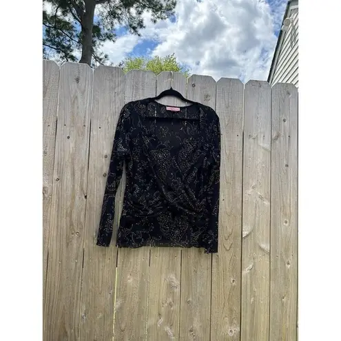 Bandolino Shirt Womens 1XL Black Fairy Light Grungeā Mesh Long Sleeve