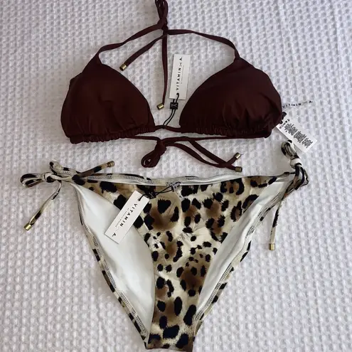 Vitamin A ELLE Side Tie String Bikini Bottoms Size 14DD Leopard Cream Black Tan