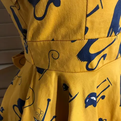 Vintage 80s 90s IXIA Cat Print Mini Dress Yellow Blue Size Small